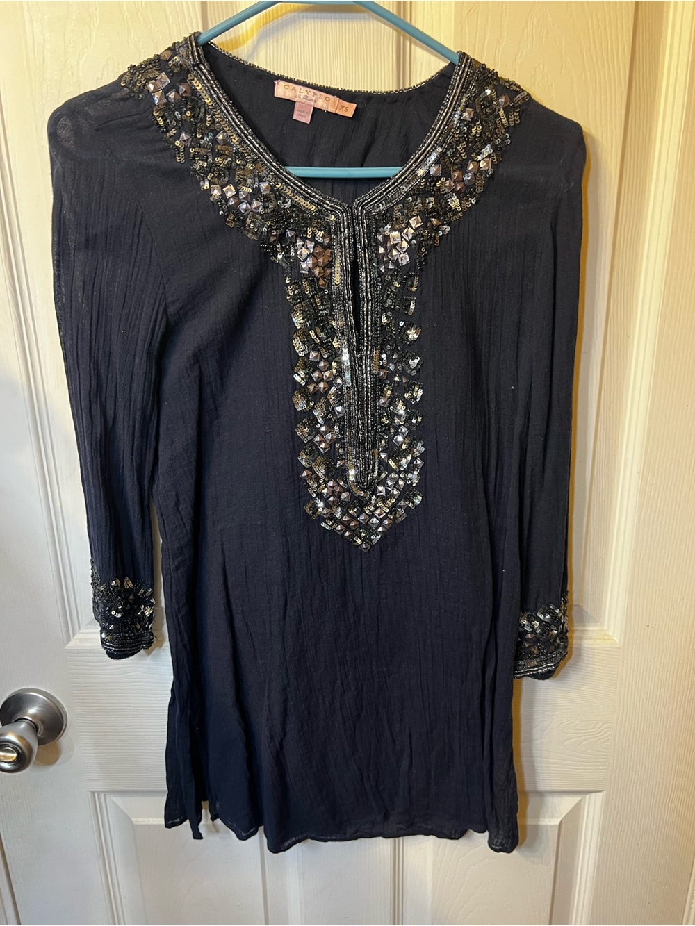 CALYPSO St. Barth Black Sequined Beaded Silk Cotton Tunic Top Cover Up XS